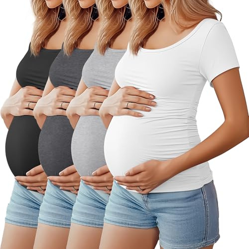 Huukeay 4 Pack Women's Maternity Shirts Scoop Neck Maternity Top Short Sleeve Casual Tee Side Ruched Pregnancy Clothes(Black, Light Gray, Dark Gray, White,X-Large)