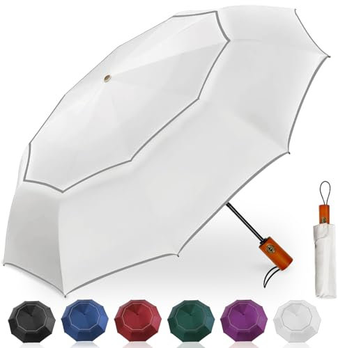 Satol Paraguas de golf grande y compacto para la lluvia, 116 cm, resistente al viento, 10 varillas, doble dosel, ventilado, apertura y cierre automático, paraguas de viaje con tiras reflectantes,
