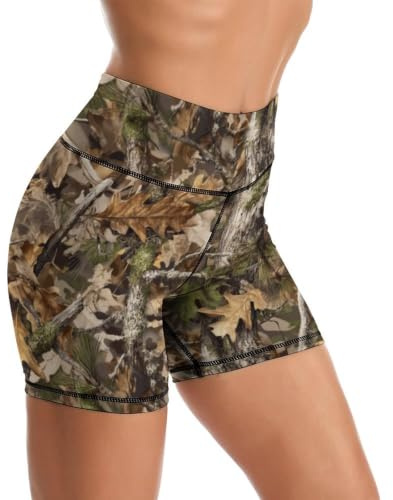 Sjazc Hunting Camo Yoga Shorts High Waisted Biker Shorts for Womens Athletic Running Workout L