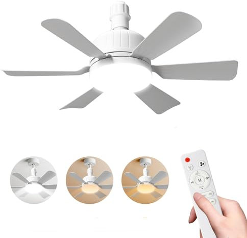 JOPWUE - Ventilateur de plafond avec lampe avec télécommande, 40 W, ampoule ventilateur de plafond avec culot E27, 3 vitesses, 6 pales, Timing, ventilateur de plafond LED réglable pour chambre à