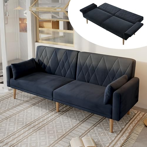 Viitech Klappbares Schlafsofa mit Schlaffunktion, 180x75x82cm Doppelsofa Schlafcouch mit Verstellbarer Rückenlehne, Schlafsofa aus Samtstoff mit 2 Kissen für Wohnzimmer Schlafzimmer Heimkino (Schwarz)