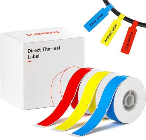 NIIMBOT Cable Label Tape for D110/D11/D101 Label Maker, 12.5 x 109 mm (0.49'' x 4.29''), 3 Rolls for Red Yellow Blue, Thermal Label Tape for Home Office Labeling Tape Replacement