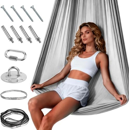 Aerial Yoga Hängematte Set, Aerial Yoga Swing Hängematte, Hammock Swing für Indoor Outdoor, Tragfähigkeit 200 kg, Inkl Kompletter Installationshardware (Grau)