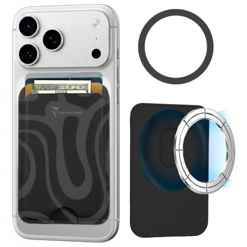 TECHMADE Korthållare kompatibel för iPhone, adapterring ingår – plats för 3 kort eller kontanter, snabbt utdragningssystem – RFID-blockering, veganskt konstläder, Avslappnad