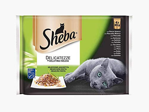 Sheba Delicatezze Nassfutter für Katzen, gemischte Auswahl in Gelatine, Fisch, Multipack (13 Boxen x 4 Beutel x 85 g)