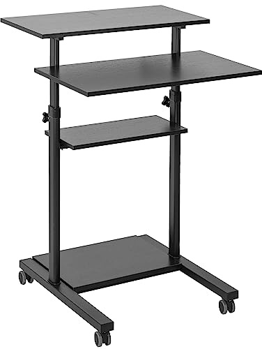 VIVO Mobile Height Adjustable Table Stand Up Desk with Storage, Computer Workstation Rolling Presentation Cart, Black, CART-V02DB