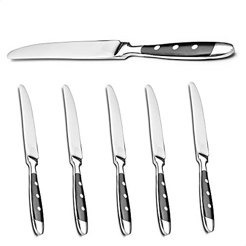 Kerafactum 6 coltelli da tavola in acciaio inox con lama seghettata, set di coltelli da carne, con manici neri, stile rustico, set da bistro espandibile
