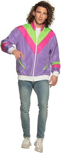 Boland Costume adulte Veste d'entraînement années 80 avec poches pour tenue de camping, jogging, costume assi, style rétro, déguisement de groupe, fête de carnaval,Rose, Violet et Vert, XL | Veste avec poches, brille sous la lumière noire, tenue rétro, survêtement, carnaval, soirée à thème