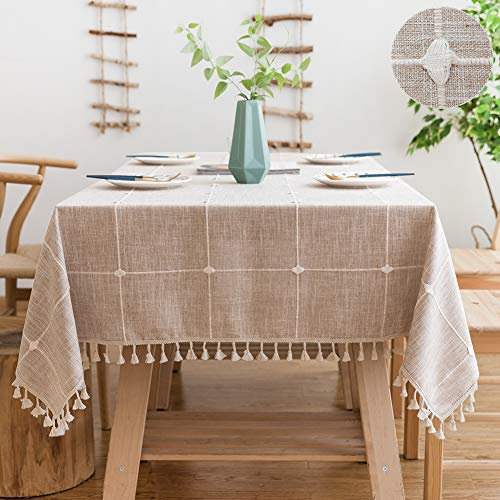 SUNBEAUTY Tablecloth Rectangular Cotton Linen 140x220 Table Cloth Wipe Clean Beige Checked Table Cloth Heavy Weight with Tassel Fringe for Kitchen Dining Table Decorations - 55x86 inch