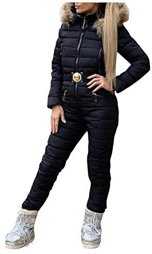 Lazzboy Skianzug Damen Schneeanzug Skioverall Skifahren Skianzüge Overall Jumpsuit Frauen Snowboard Skisuit Outdoor Sport Winter Warme Schnee Sätze Mit Kapuze (Schwarz,XL)