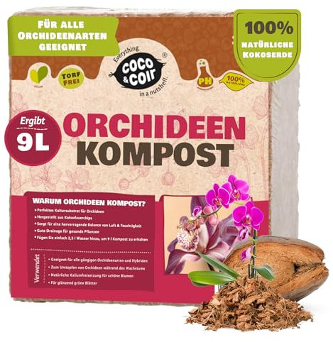 Terreau d'empotage pour orchidée Coco et Coco | Compost d'orchidée sans Tourbe/Remplacement d'écorce d'orchidée avec Alimentation pour orchidée | Rempotage de Toutes Les Plantes d'orchidées (9L)