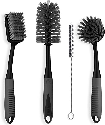 Dish Brush Set of 4 - Kitchen Scrub Brushes with Non-Slip Long Handle for Cleaning, Scrubber, Dishwashing, Dishes, Bottles, Straws, Cups, Pots & Sink, Black