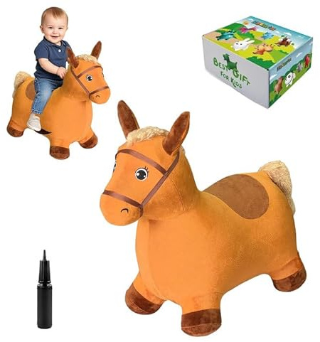 HotMax Brown Hopping Horse Toy, Removable Inflatable Plush Bouncy Horse for Toddlers, Outdoor Ride on Bouncy Farm Animals, Birthday Gift for 18 Months 2 3 4 Year Old Boy or Girl