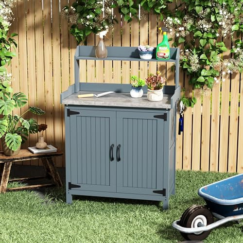 HOLTICO Outdoor Pflanztisch, Massivholz Gartenpflanztisch mit Metall-Arbeitsplatte und Stauraum, Gartenarbeitstisch mit Stauraum, Pflanz-Arbeitstisch für Garten, Terrasse, Hinterhof, Blau