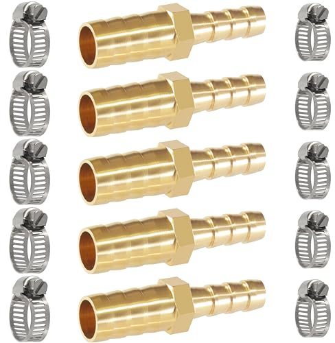 MSAEIQUN Brass Hose Barb Reducer 1/2 (12mm) to 5/16 (8mm) Reducing Barb Splicer Mender with Stainless Steel Pipe Clamps air Hose Repair kit for Pipe Line/Fuel/Air (Pack of 5)