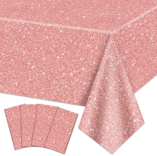 4-pack bordsdukar i rosa roséguld, 130 x 221 cm rosa guld paljett tryckt plastbordsskydd, roséguld glitter födelsedag bakgrundsdekorationer för flickor födelsedag bröllop examen prinsessa