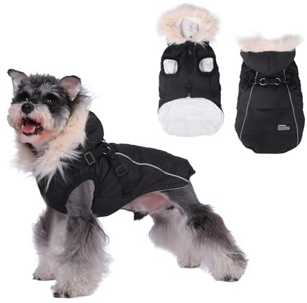TOPSOSO Chaqueta para perro con acolchado de plumón cálido con arnés, doble anillo en D, abrigo de invierno con rayas reflectantes, chaqueta con cremallera para perros pequeños y medianos (Negro L)