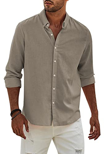 Elegancity Camicia Lino Uomo Manica Lunga Elegante Camicia Uomo Casual con Bottoni Cotone Regular Fit con Bottoni Tinta Unita，Cachi M