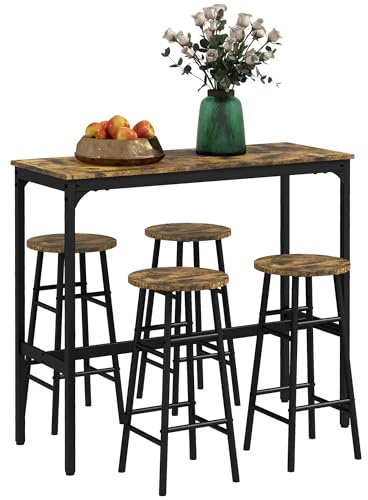 HOMCOM 5 Piece Bar Table Set with 4 Stools, Industrial Bar Table and Stool Set, Dining Table and Chair Set for Small Space, Rustic Brown