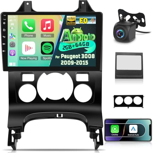 Android 2G+64G Autoradio pour Peugeot 3008 2009-2015, Wireless Carplay & Android Auto Radio à Écran Tactile 9 Pouces avec WiFi/GPS/Bluetooth/EQ/FM RDS Radio+Caméra de Recul +Mic