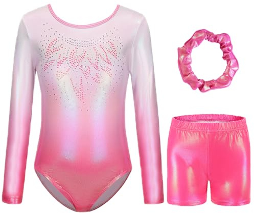Dreiteilige Gymnastikanzug Mädchen Turnanzug Leotard Turnshorts und Haarband Set, Langarm Ballettröckchen Kleid Trikotanzug Gymnastik Outfit Set für 5-12 Jahre (Gradientes Rosa, 130(9-10Jahre))