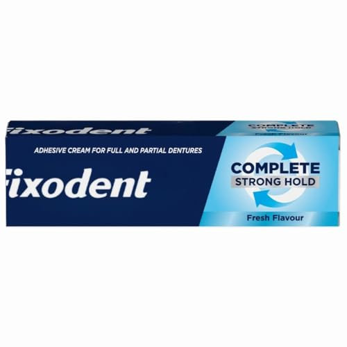 Fixodent - Crema adesiva completa per protesi, 47 g x 1, aroma menta fresca, tenuta e comfort per tutto il giorno, forte tenuta per protesi complete e parziali, con biglietto di ringraziamento Welari