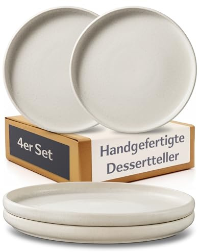 Cosumy Set da 4 Piatti Dessert Bianchi Ø22 cm – Piatti Piani Artigianali con Smalto Reattivo – Servizio Piatti Elegante, Adatti al Microonde e Lavabili in Lavastoviglie – Piatti Fondi per 4 Persone