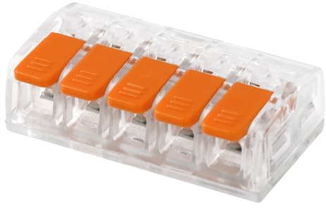 CILIA Verbindungsklemmen 5-polig mit Hebel - 50 Stück Kompakte Dosenklemmen für alle Leiterarten (0,2-4 mm²) – Wiederverwendbare Elektrische Kabelverbinder, Durchsichtig/Orange