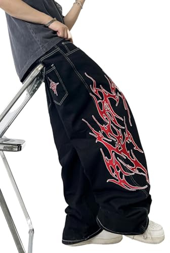Zewool Jeans da uomo con ricamo baggy Hip Hop Y2K a forma di gamba larga skater pantaloni denim streetwear, A20 nero, L