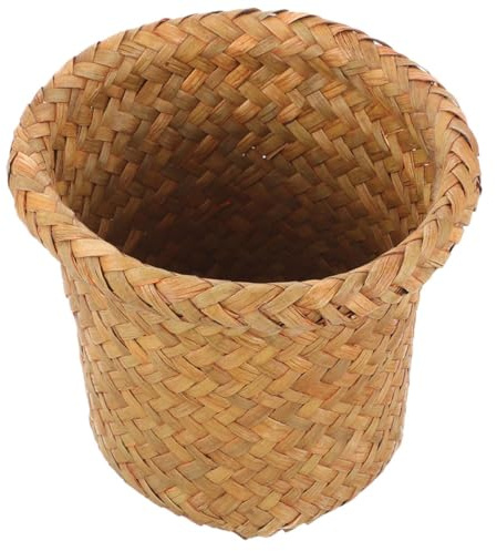 TOBBOMEY Cestino Intrecciato in Paglia Piccolo per Bagno e Ufficio, Cestino Decorativo per Carta Straccia, Bidone Raccolta Rifiuti Naturale Stile Rustico, Contenitore Multifunzione per