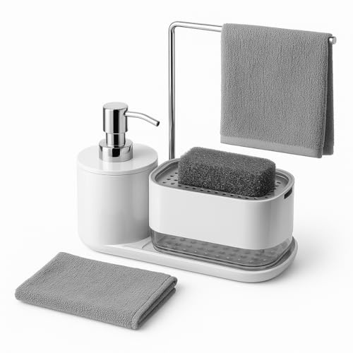 Jabonera Cocina, Organizador de Cocina con Bandeja y Soporte para Esponja y Bayeta, Detergente Recargable, Dispensador de Jabón, Porta Eponjas, Accesorios de Cocina (Blanco)