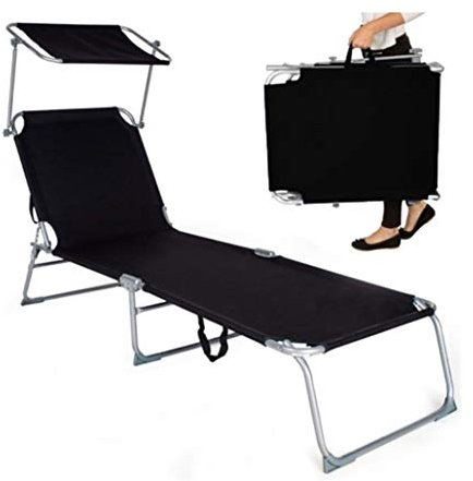 Lettino prendisole, grande sedia a sdraio reclinabile, 190 x 68 x 28 cm, capacità di carico 110 kg, con ombrellone, pieghevole, per giardino, balcone, terrazza (nero)