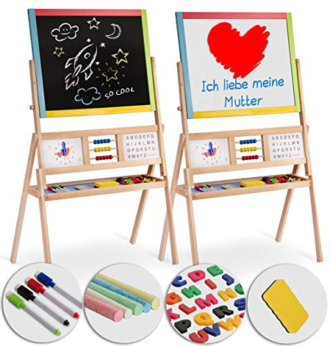 Ricokids Tableau blanc magnétique pour enfants - Horloge boulier et tableau à craie - Tableau à dessin - Chevalet en bois
