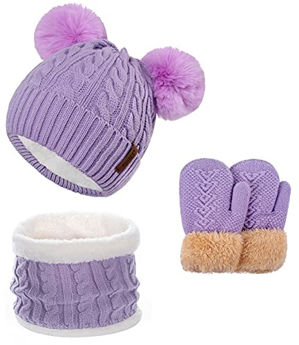Kids Winter Hats Gloves Scarf Set for Girls Toddler Beanie Baby Neck Warmer Warm Thick Fleece Lining Thermal Purple Knit Cap with Cute Pom Pom for 6-10 Years Old, Gifts for Childrens