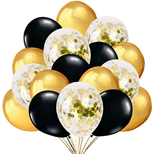 50 Ballons Or Noir Confettis. 40 Ballons de Baudruche Or et Noir +10 Ballons Latex Transparent avec Confettis d'Or pour Deco Anniversaire, Fête Mariage et Decoration Nouvel An