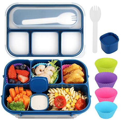 MaMix Bento Box for Kids, Lunch Box Kids, Lunch Containers for Adults,4 Compartment Leak-Proof with Sauce Snack Pot Cutlery (Blue)