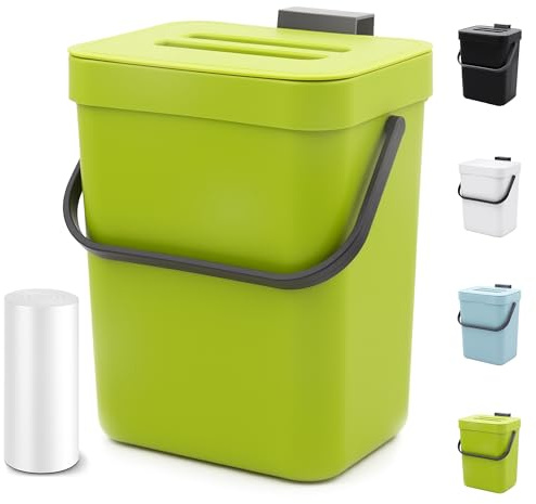 MONGTINGLU Kompostbehållare för köksbänk, 1,3 gallon, hängande liten papperskorg med lock, kijken under diskbänken, väggmonterad inomhus komposthink med lock, 5 l (limgrön)