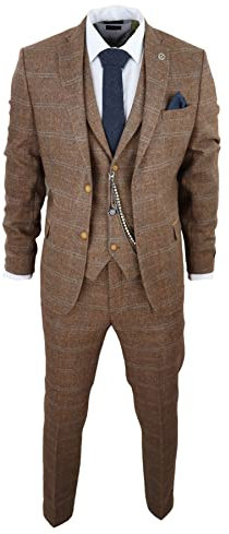 TruClothing.com Herren 3 Teilig Anzug Wolle Tweed Fischgrät Tan Braun Blau Karo 1920s Gatsby - eichenbraun 52