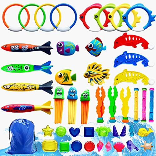 NINGESHOP 45pcs Giocattoli da Piscina Giocattoli da Immersione Set da Immersione, Giocattolo Subacqueo,Nuoto Giochi in Piscina, Giochi d'affondamento Addestramento Regalo per Bambini con Custodia