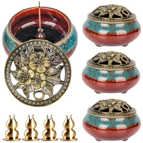 Maxcheck 4 Pcs Ceramic Incense Burner with Copper Lid Metal Incense Holder Lotus Cone Burner for Sandalwood Palo Santo Sage Cones Meditation Yoga Spa Gifts Room Decor(Blue)