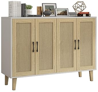 Panana Sideboard mit Rattangeflecht 4 Türen Sideboard TV-Schrank Schubladenkommode Holz Mehrzweckschrank für Flur Schlafzimmer Wohnzimmer Esszimmer (Weiß)