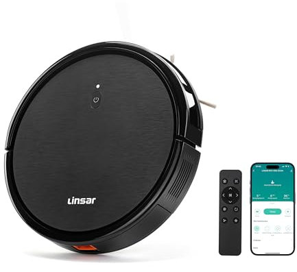 Linsar - Robot Vacuum Cleaner - strong suction, long running time - For carpet, pet hair, hard floors - Robot hoover with charging station, remote control and app (Black)