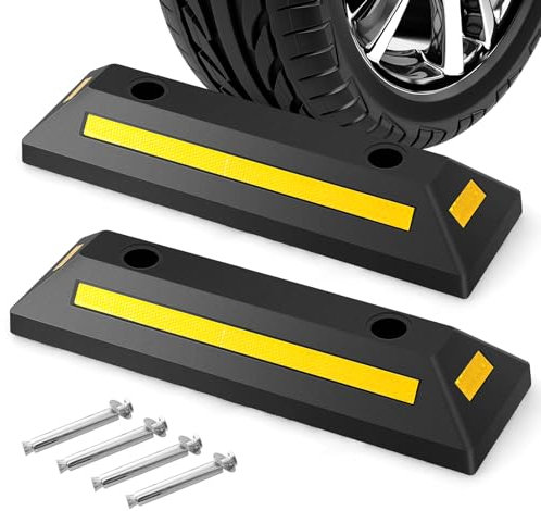 COSTWAY 54cm/182cm Rubber Curb, 1/2 Pack Parking Lot Vehicle Floor Wheel Stopper with Yellow Reflective Strips, Heavy Duty Garage Blocks Parking Target for Car Truck RV Trailer (2 Pack, 54x16x9cm)