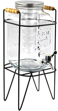 4 litres Glass Drink Dispenser with/Without Black Wire Stand + Tap/Lid – Glass Water Dispenser for Juices, Cocktails, Lemonade & Water (with Handeled Stand)