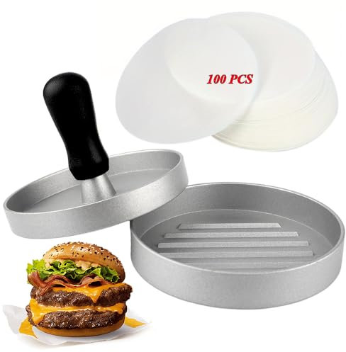 Hisdricus Hamburger, pressa per hamburger, 12 cm, con 100 carte da forno, realizzata in fusione di alluminio, ideale per deliziosi hamburger, polpette, barbecue e piatti alla griglia