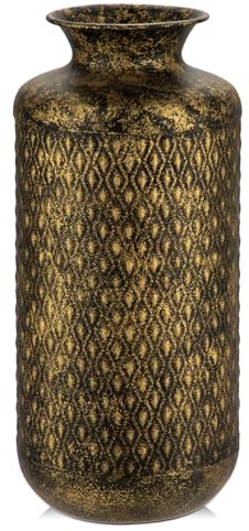 Florero, 35,5 cm de alto, jarrón decorativo de metal negro rústico con patrón dorado para arreglos florales, flores secas, mesa de comedor, decoración de oficina