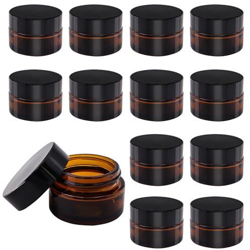 TOKSEO Lot de 12 boîtes vides en verre ambré de 20 ml - Pot à crème à remplir - Récipients en verre marron avec couvercle et doublure pour cosmétiques, crèmes, lotions, huiles essentielles