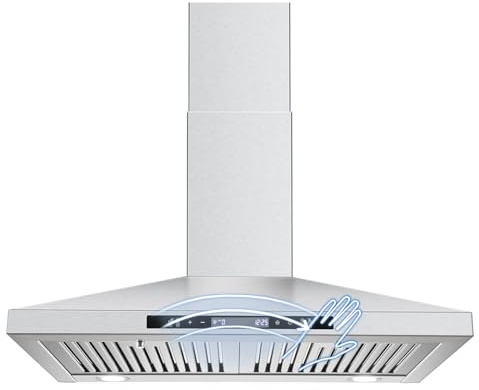 SNDOAS Wall Mount Range Hood 30 inch with Touch and Gesture Sensing Control,Chimney-Style Stainless Steel Range Hood,Vent Hood 30 inch Ducted/Ductless Convertible Kitchen Hood,Baffle Filters
