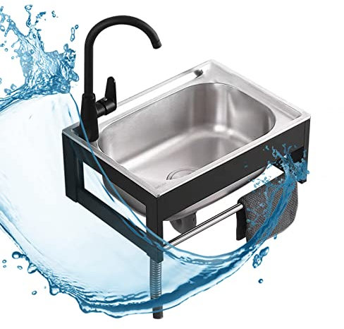 KUANGGE SinkRectangular Wall Mount Sink Commercial Restaurant with Drainer Unit and Tap Single Bowl Stainless Steel Sink for Outdoor Garage Commercial Restaurant Kitchen Laundry Room.
