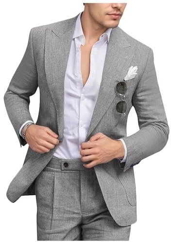 Fesenbo Completo da Uomo in Lino Slim Fit 2 Pezzi Estivo da Spiaggia per Matrimonio con Bavero a Punta Blazer Casual e Pantaloni Set per Smoking da Ballo, Grigio Chiaro, L